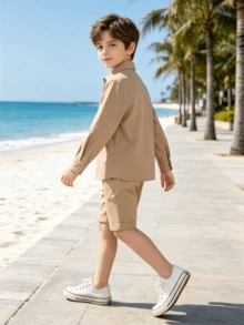 男童長袖經典領鈕扣T恤，純色口袋上衣，紫色，6-16歲 - 芥末黃 - 查看 4