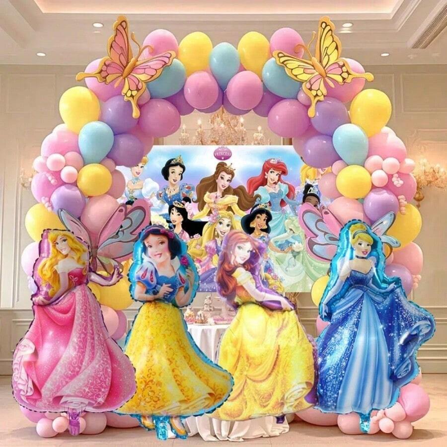 New Cartoon Princess Theme Birthday Party Decoration Set, Large Princess Character Foil Balloons, Soft Color Latex Balloons And Princess Backdrop, Suitable For Birthday Party Supplies - As Shown In the Figure - View 1