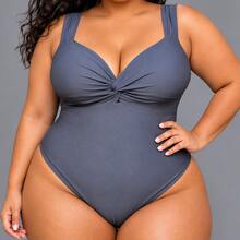 Elegant Women's Sleeveless Plus Size Swimsuit, Regular Length, One-Piece Design With A Twisted Detail At The Front And Slight Stretch For Casual Wear. - 灰色 - 查看 6