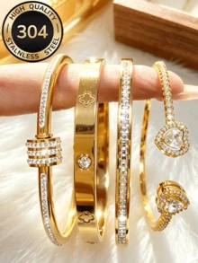 ZCNC Znice 18K Gold Plated Stainless Steel 304 Stainless Steel + Copper, Rhinestone Lucky Four-Leaf Clover And Multiple Sparkling Full Rhinestone Stackable Bracelet Set, Luxury Mother's Day Vacation Daily Gathering Jewelry - Gold - View 8