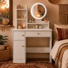 Vanity Desk With Round Mirror, Drawer & Storage Cabinet, Vanity Table With LED Lighted Mirror,Small Space Makeup Table For Bedroom, Mother's Day Gift For Women,The Perfect Gift For Your Girlfriend - White - View 9