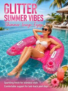 1pc U-Shaped Inflatable Pool Float Lounge Chair With Cup Holder And Handles, Glitter PVC Water Hammock Raft, Suitable For Summer Pool Party And Beach Vacation - B - View 1