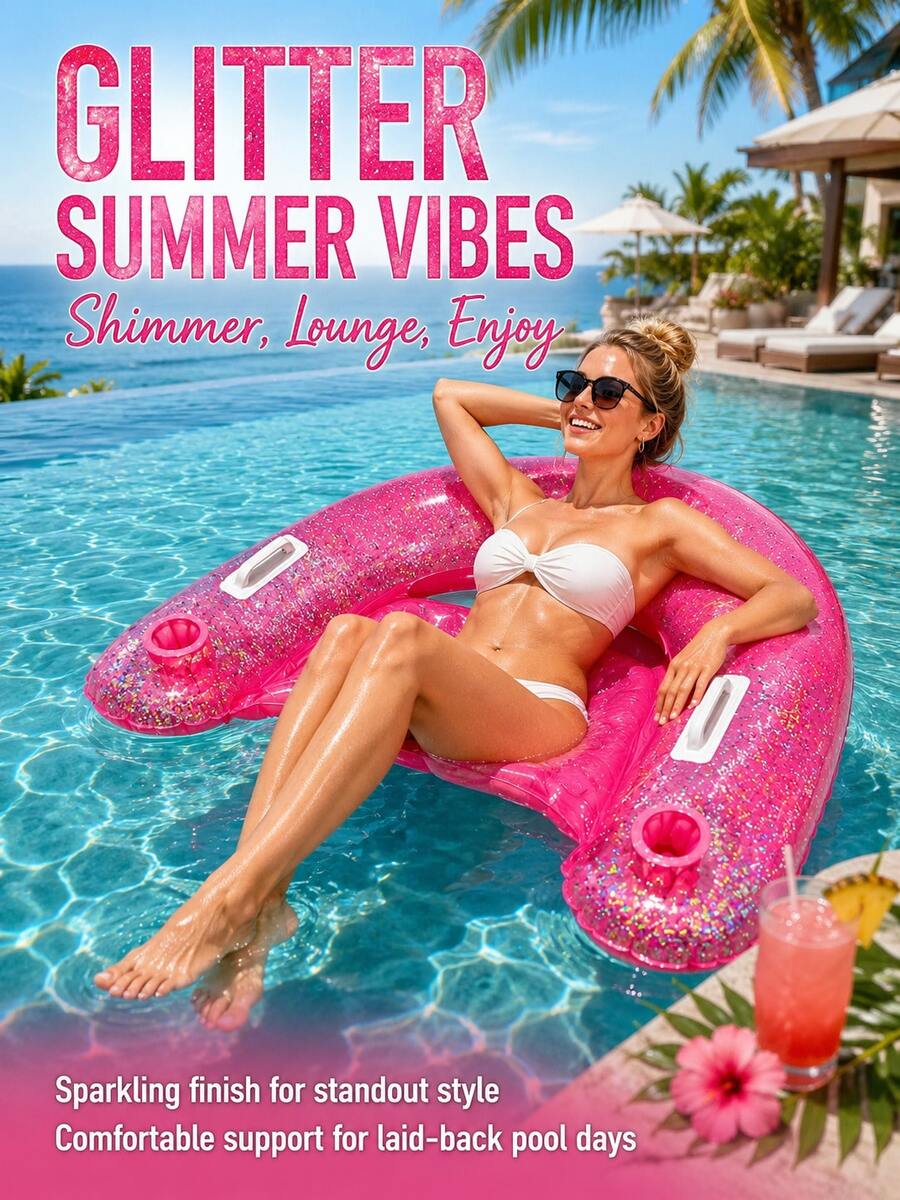 1pc U-Shaped Inflatable Pool Float Lounge Chair With Cup Holder And Handles, Glitter PVC Water Hammock Raft, Suitable For Summer Pool Party And Beach Vacation - B - View 1