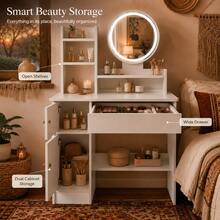 Vanity Desk With Round Mirror, Drawer & Storage Cabinet, Vanity Table With LED Lighted Mirror,Small Space Makeup Table For Bedroom, Mother's Day Gift For Women,The Perfect Gift For Your Girlfriend - White - View 3