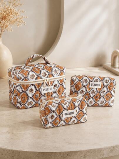 1 pieza/3 piezas Bolsa de maquillaje de gran capacidad de moda, bolsa de viaje de estilo bohemio con cuadrícula de diamantes, bolsa de almacenamiento portátil con cremallera, bolsa de belleza, útiles escolares, juego de bolsas de maquillaje de tela acolchada suave, adecuado para dormitorios, viajes, vacaciones y escuela