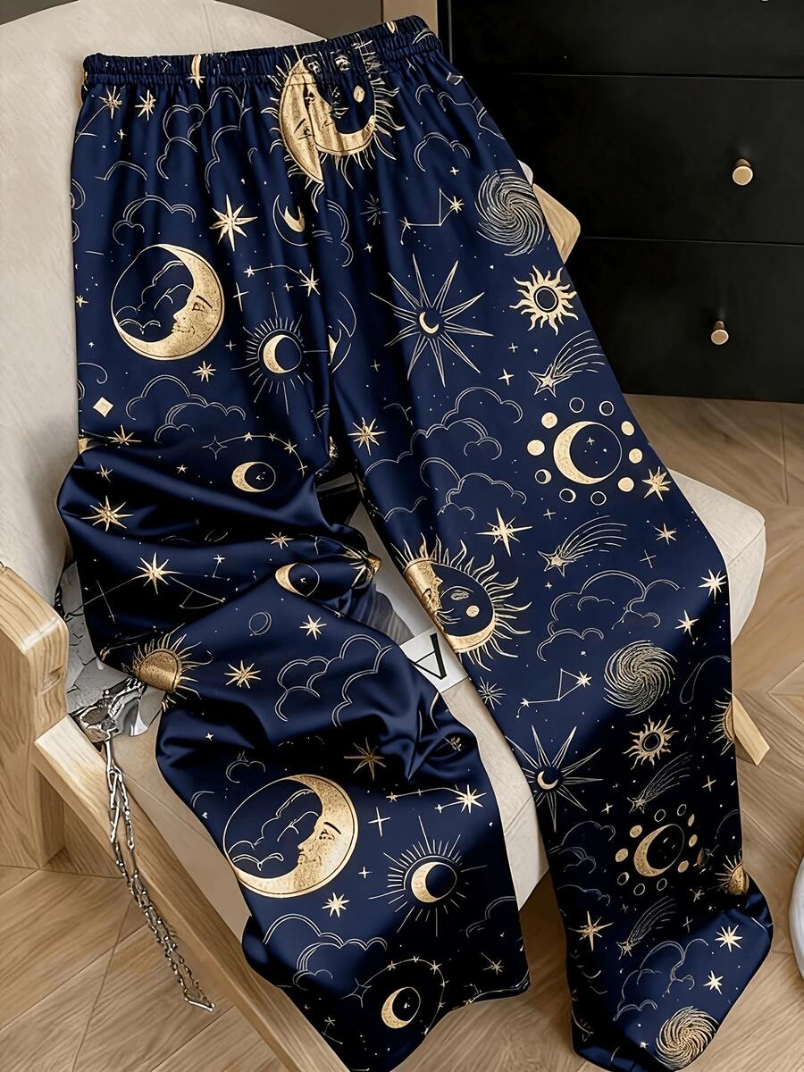 女款大尺碼星星印花長款睡褲,寬鬆舒適休閒居家褲,四季皆宜 - 寶藍色 - 查看 1
