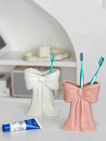 1pc 3D Bow Toothbrush Holder, White And Pink, Bathroom Sink Countertop Storage, Cute Girly Style, Suitable For Girlfriend Gift And Vanity Makeover