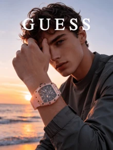 Guess 中性 Tonneau 中空骷髏腕錶，粉色透明錶殼，黑色多功能錶盤，矽膠錶帶，Y2K 時尚風格，適合情侶、音樂節、夜生活、街頭穿搭，送給他、她、好友的理想禮物，生日、週年紀念、節日適用 - 粉色 - 查看 6