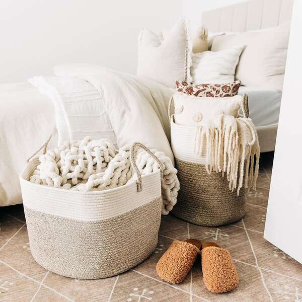 1pc Rope Woven Storage Basket, Handmade Woven Storage Hamper, Large Capacity Laundry Basket, Multifunctional Storage Basket, Home Decor, Bathroom Bedroom Laundry Room Dorm Accessories