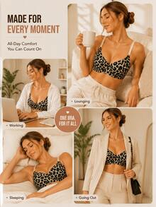 Leopard Print Women's Wireless Bra, Soft Full Coverage Non-Wired Comfortable Lingerie, Adjustable Straps, Daily Home Sleep Bra - Multicolor - View 7