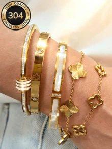 ZCNC Znice 2026 New Fashion Stainless Steel 18K Gold Plated Flower Bracelet Set, Curved Full Rhinestone Design Suitable For Women's Daily Wear, Layering, Single Wear, Summer Jewelry, Waterproof Beach Vacation Accessory - Gold - View 2