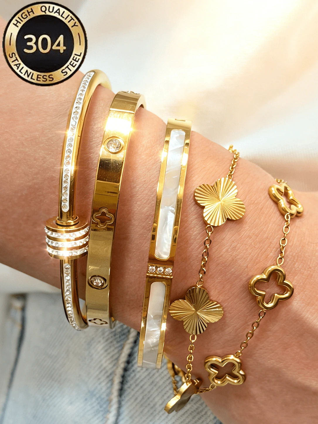 ZCNC Znice 2026 New Fashion Stainless Steel 18K Gold Plated Flower Bracelet Set, Curved Full Rhinestone Design Suitable For Women's Daily Wear, Layering, Single Wear, Summer Jewelry, Waterproof Beach Vacation Accessory