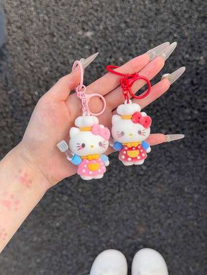 Sanrio Cute Hello Kitty Chef Flocked Keychain Ornament, 3D Cartoon KT Cat Adorable Pendant, Suitable For Bags, Car Keys, Girls Gift