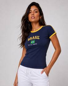 Brazil Embroidered T-Shirt – Women's - Màu xanh bụi bặm - Xem 3