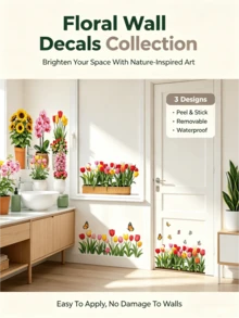 Various Tulip Flower Wall Stickers, PVC, Waterproof, Removable And Self-Adhesive. Sunflower And Butterfly Orchid Pot Window Stickers, Baseboard Stickers, French Country Style For Doors And Walls, DIY Home Soft Decorations. - Wall Stickers - View 1