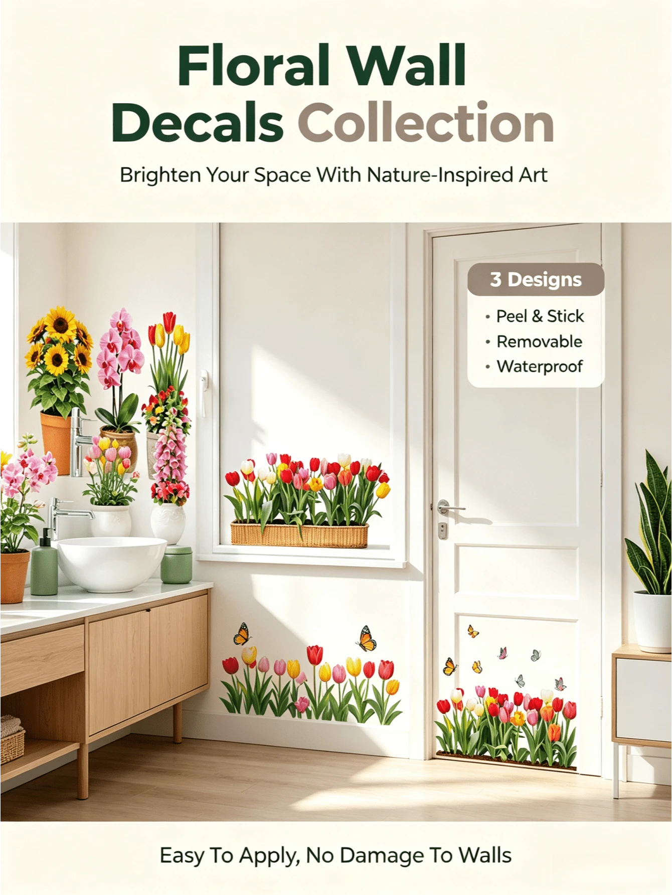 Various Tulip Flower Wall Stickers, PVC, Waterproof, Removable And Self-Adhesive. Sunflower And Butterfly Orchid Pot Window Stickers, Baseboard Stickers, French Country Style For Doors And Walls, DIY Home Soft Decorations. - Wall Stickers - View 1