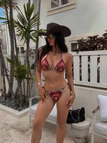 女款 3 件組紅色復古印花比基尼搭配長款沙灘褲，波希米亞熱帶優雅夏季套裝，適合島嶼度假、泳池派對、返校季 - 紅色 - 查看 8