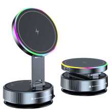 1pc 15W Magnetic Wireless Car Charger Mount, 720° Rotating Foldable Phone Holder With RGB Light, Telescopic Dual-Axis Adjustable Arm, Vacuum Suction Cup Dashboard Installation, Compatible With IPhone MagSafe And Android Phones - 無線充手機支架 - 查看 11