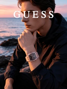 Guess 中性 Tonneau 中空骷髏腕錶，粉色透明錶殼，黑色多功能錶盤，矽膠錶帶，Y2K 時尚風格，適合情侶、音樂節、夜生活、街頭穿搭，送給他、她、好友的理想禮物，生日、週年紀念、節日適用 - 粉色 - 查看 5