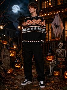 Men's Halloween Classic Color Block Pumpkin & Skull Pattern Long Sleeve Crew Neck Pullover Sweater - Multicolor - View 3