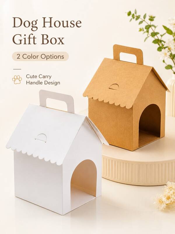 6pcs Dog House Shaped Gift Boxes With Handles, Cute Pet Theme Party Favor Boxes, Suitable For Birthday Party Snack Candy Packaging, Gift Wrapping Decoration