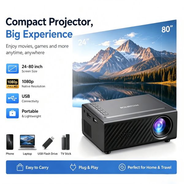Portable Ultra-Light LED Projector, Supports 24–80 Inch Projection Screen, Built-In Speakers, Ideal For Daily Home Use And Outdoor Entertainment.