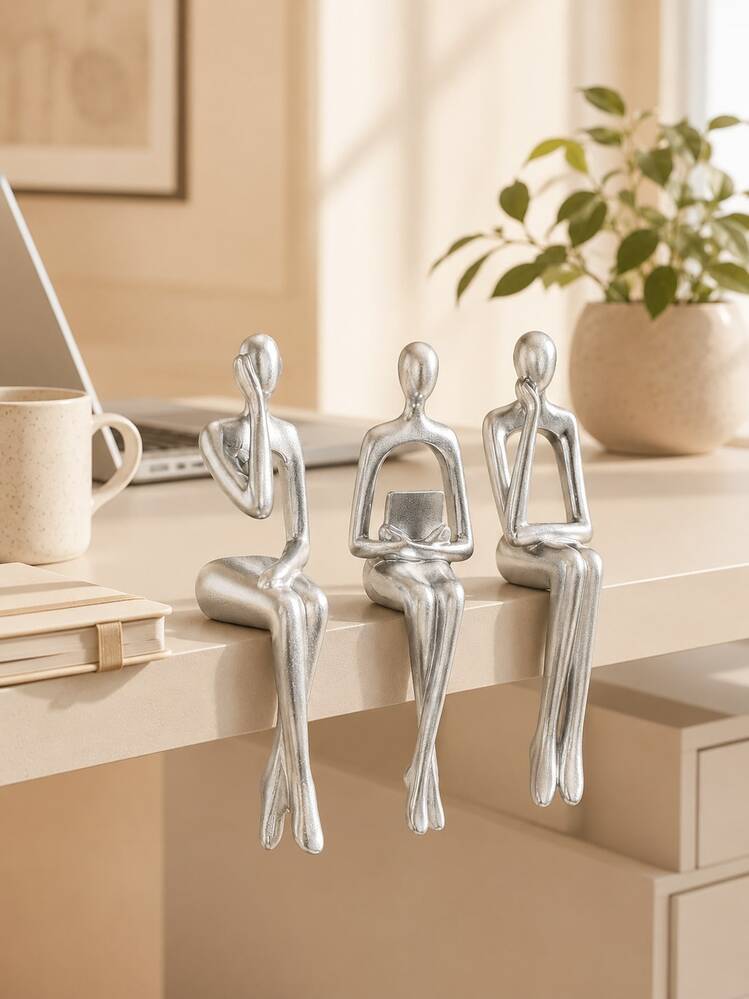 3pcs Silver Abstract Figure Sculptures, Modern Desktop Decor, Suitable For Bookshelf, Bedroom Nightstand, Home Office Desk, Fireplace Mantel, Entryway Console, Minimalist Shelf Decoration, Gift For Book Lovers - Multicolor - View 4
