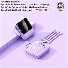 LADAPU Mini banco de energía portátil de bolsillo de 10000 mAh, carga rápida de 5 V2 A, tamaño pequeño, gran capacidad, apariencia elegante, 4 en 1 integrado (cables desmontables), batería recargable de alta velocidad, entrada USB-C y micro USB. - Morado - Ver 2