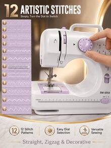 SOKANY Mini Máquina de Coser Eléctrica Portátil, 12 Puntadas, Velocidad Ajustable, Luz LED Integrada, Modos Dual Eléctrico y Manual, Incluye Pedal de Pie y Juego de Bobinas, Adecuada para Reparación de Ropa, Manualidades DIY y Principiantes - Púrpura malva - Ver 7