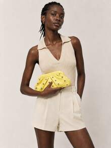 Vintage-Style Pleated Clutch With Rivet Decoration, Ruffled, Cloud-Patterned Beach Bag For Women, Fashionable Clutch Handbag With Chain Strap - 黃色 - 查看 2