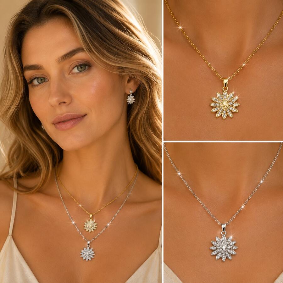 1pc Stainless Steel Chain Zirconia Flower Pendant Women's Fashion Necklace Jewelry, Gift Accessory - Style a - View 1