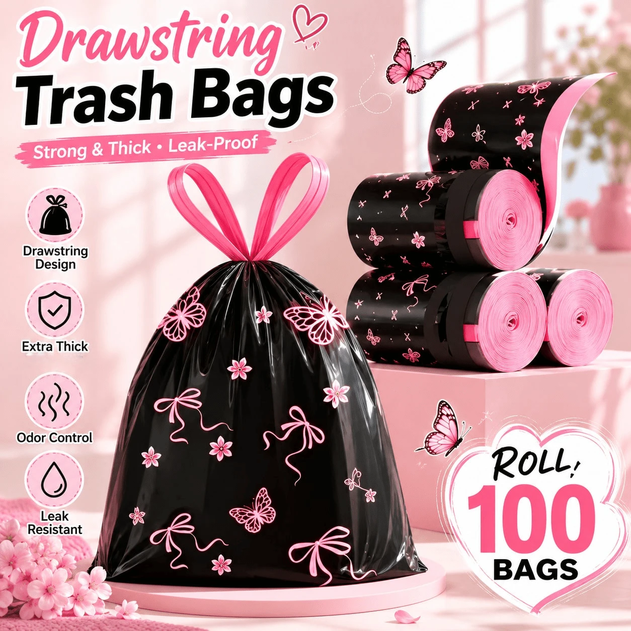 1 Roll 100pcs Scented Drawstring Trash Bags - Thickened Tear-Resistant - Pink Bow Pattern, Dense Polyethylene Drawstring Trash Bags - Multi-Purpose Disposable Storage Bags, Suitable For Kitchen, Bathroom, Living Room, RV, Bedroom, Office, Halloween And Christmas Gifts