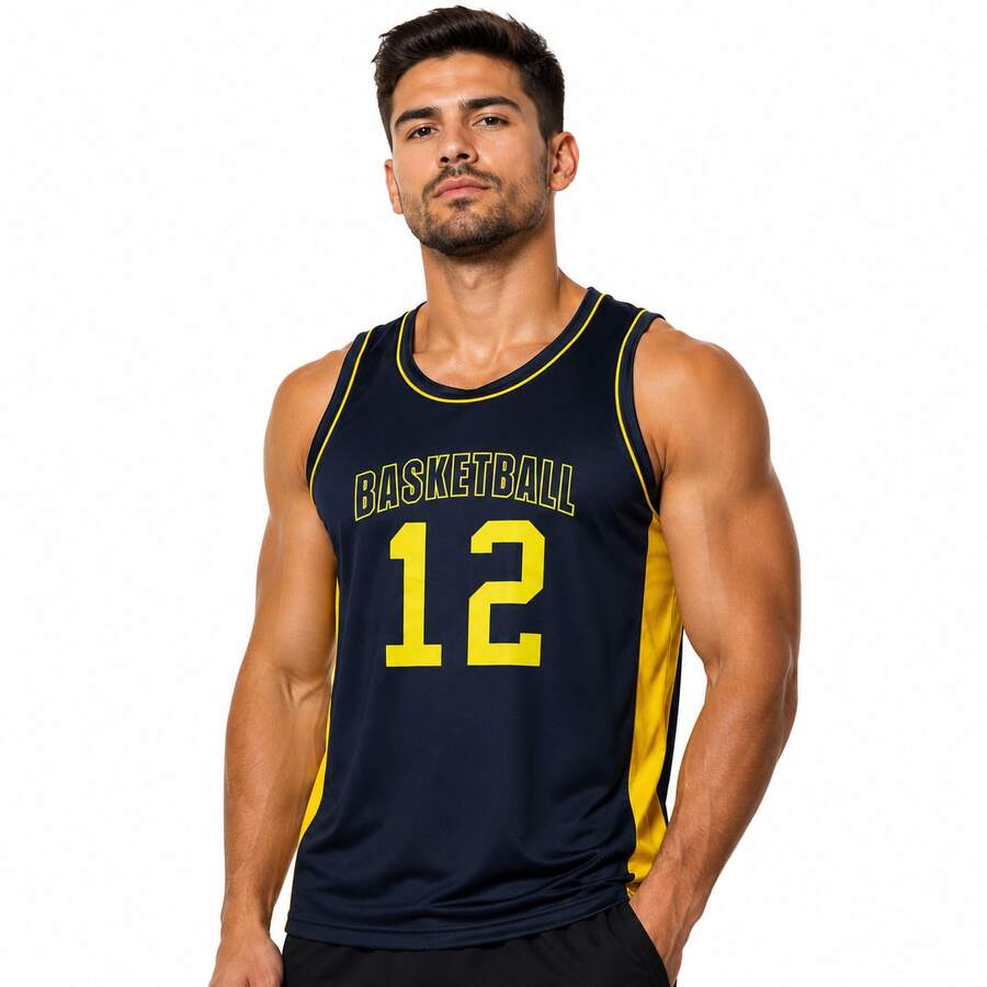 Men's Sports Tank Top For Sports Activities, Gym And Casual Use - Bola Basket Hitam Kuning - View 1