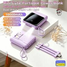 LADAPU Mini banco de energía portátil de bolsillo de 10000 mAh, carga rápida de 5 V2 A, tamaño pequeño, gran capacidad, apariencia elegante, 4 en 1 integrado (cables desmontables), batería recargable de alta velocidad, entrada USB-C y micro USB. - Morado - Ver 1
