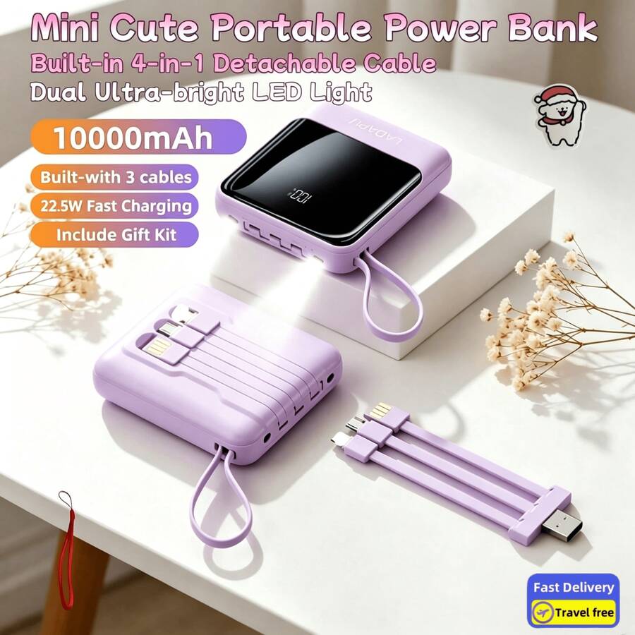 LADAPU Mini banco de energía portátil de bolsillo de 10000 mAh, carga rápida de 5 V2 A, tamaño pequeño, gran capacidad, apariencia elegante, 4 en 1 integrado (cables desmontables), batería recargable de alta velocidad, entrada USB-C y micro USB. - Morado - Ver 1