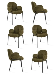 Goeurvant Modern Cloud-Style Wool-Linen Upholstered Dining Chairs With Rounded Arms And Wide-Back Support For Dining Room, Living Room, Office - Set Of 2 / Set Of 4 / Set Of 6-Olive Green/Bouclé - 墨綠色 - 查看 12