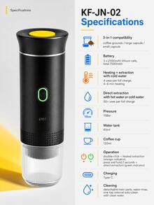 15Bar Portable Espresso Machine, 3-In-1 Rechargeable Capsule And Coffee Powder Coffee Maker, Self-Heating Cold And Hot Extraction, Suitable For Travel, Car, Office And Camping - Black - View 4