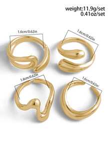 Juego de 4 piezas de joyería vintage de moda con patrón geométrico hueco de líquido, diseño abstracto asimétrico, anillo ajustable y colgante dorado, adecuado para uso diario de mujeres, decoración casual de vacaciones y regalo - Dorado - Ver 3