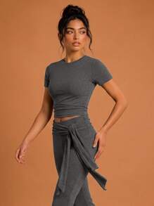 Never me Women's 2pcs Short Sleeve T-Shirt And Sports Long Pants Set, Round Neck Top And High Waist Drawstring Flare Pants - Grey - View 4