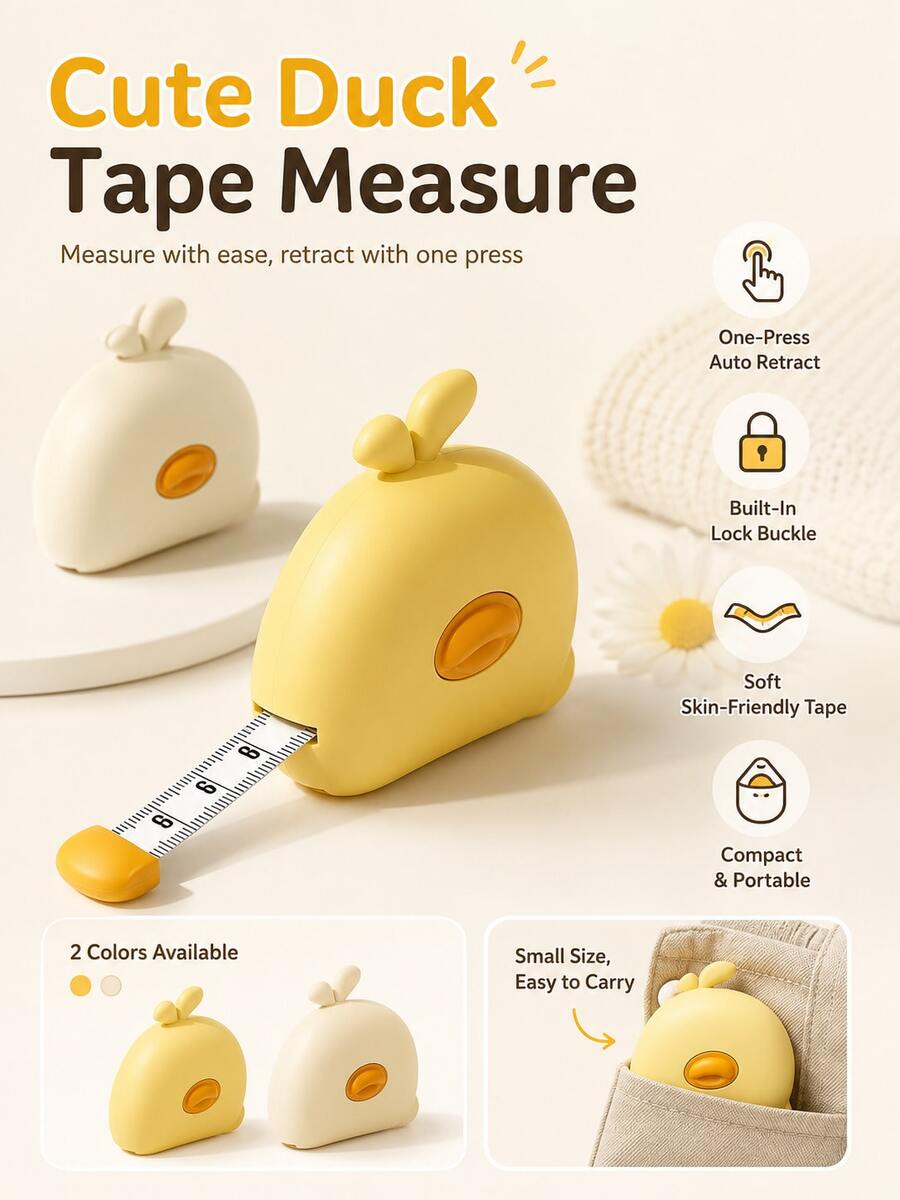 1pc Cute Duck Mini Tape Measure, Lockable Auto-Retractable Soft Ruler, Portable Pocket Ruler For Sewing, Body, Fabric And Daily Measurement - Little Yellow Duck Design - View 1