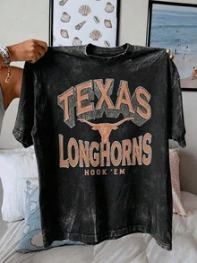 Texas Longhorns Graphic Showcasing The Iconic Longhorn Silhouette With Vintage Distressed Lettering, Tee For The Ultimate Fan ,Vacation Outfits Women - 水洗黑 - 查看 5