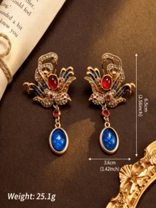 A Pair Of Court-Style Long Phoenix Earrings With Gradient Colored Gems And Wing Design, Perfect As A Holiday Accessory And A Gift For Women - Blue - View 2