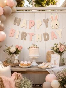 1pc Felt Happy Birthday Banner, Rabbit Letter Garland, Pink & Beige Birthday Bunting, Suitable For Girls 1st Birthday, Baby Shower, Easter Party, Nursery Decor, Dessert Table Backdrop - E - View 8