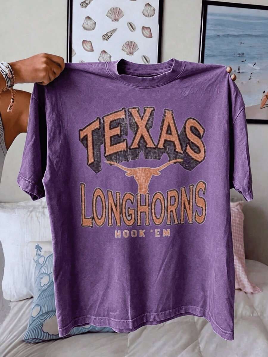 Texas Longhorns Graphic Showcasing The Iconic Longhorn Silhouette With Vintage Distressed Lettering, Tee For The Ultimate Fan ,Vacation Outfits Women - 水洗紫色 - 查看 1