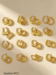 12 Pairs High-Quality 304 Stainless Steel Gold-Plated Rings & Earrings, Hypoallergenic, Anti-Oxidation, Fade-Resistant. Various Styles Including Double Layer, Square, Twisted, Textured And Chain Designs. Lightweight Vintage Minimalist Design, Suitable For Women's Daily Wear, Parties And Special Occasions. Also Suitable For Sensitive Skin. - Multicolor - View 9