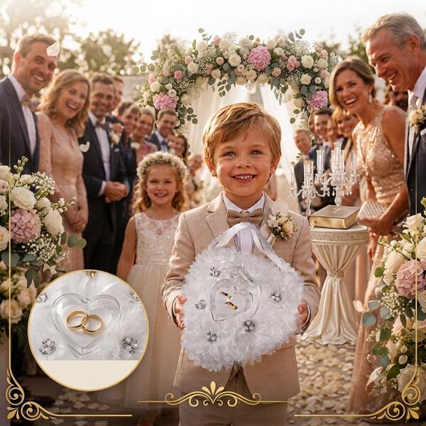 Gối nhẫn cưới hoa hồng nhân tạo màu trắng hình trái tim, giá đỡ nhẫn đính đá rhinestone lấp lánh và ruy băng satin, trang trí tiệc cưới lãng mạn cho cô dâu và chú rể