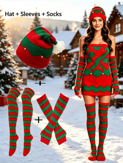 The Three Pieces Set Includes A Knitted Cap And Sleeve Set Of Women's Striped Over The Knee Plush Socks, As Well As Sports Outdoor Accessories, Suitable For Halloween, Christmas, And Western Holidays