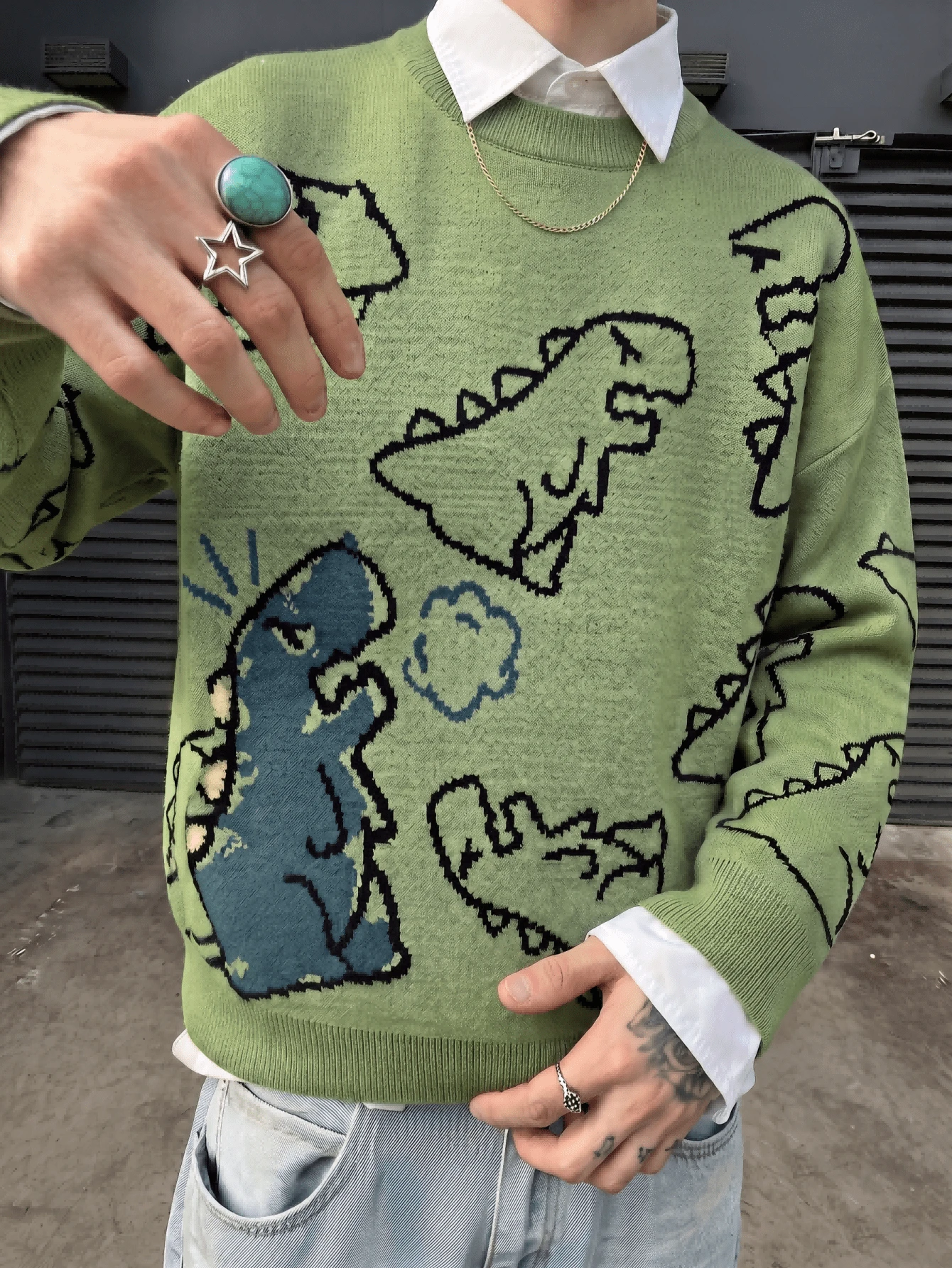 ANDREILEE Suéter unisex de estilo callejero con patrón de dibujos animados de dinosaurio lindo, moda casual para uso diario y desplazamientos, versátil, cuello redondo, manga larga holgada, top de punto acanalado - Verde - Ver 1