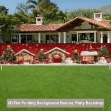 2D Plane, Christmas Fence Background, Snow Covering The Cottage, Colorful Lights, Christmas Tree And Snowman Elements, Combined With Red Snowfall Night Sky And Gift Box Decorations, No Power Supply Required - View 3