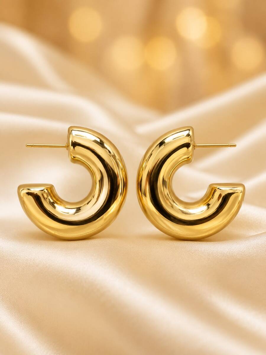 1pc Thick Glossy C-Shaped Chunky Hoop Stud Earrings For Women, Minimalist Elegant Versatile Metal Ear Jewelry For Daily Office Commute - Earrings - View 1